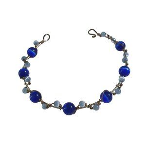 Vintage Blue Wired Beaded Bracelet Hook Clasp Multicolor Beads Handmade Boho